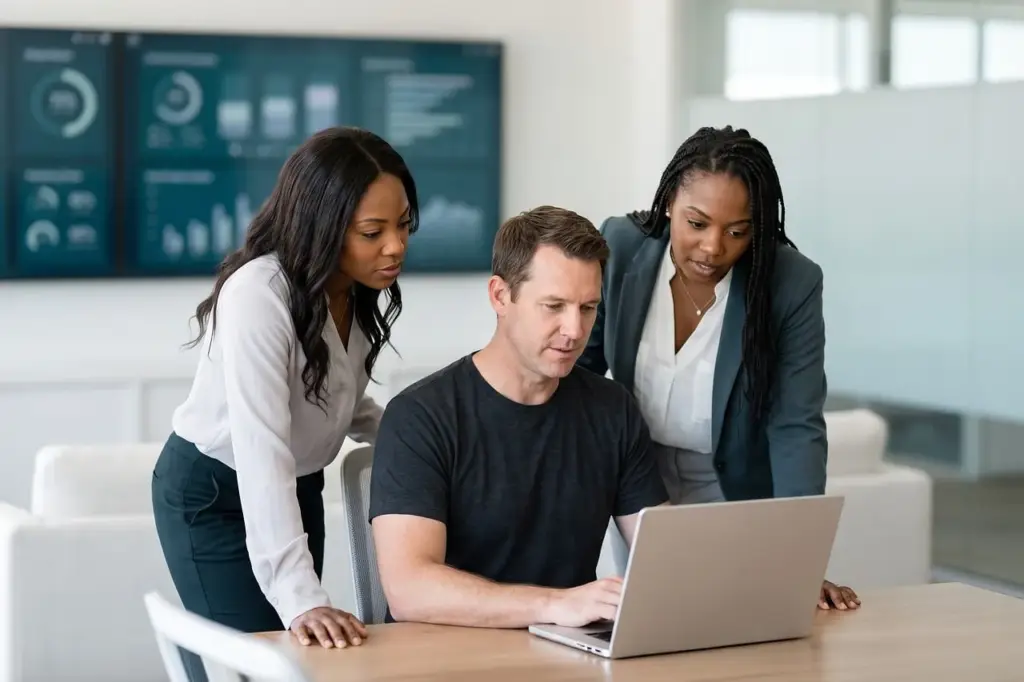 Business team looking at charts and data to analyze customer segments