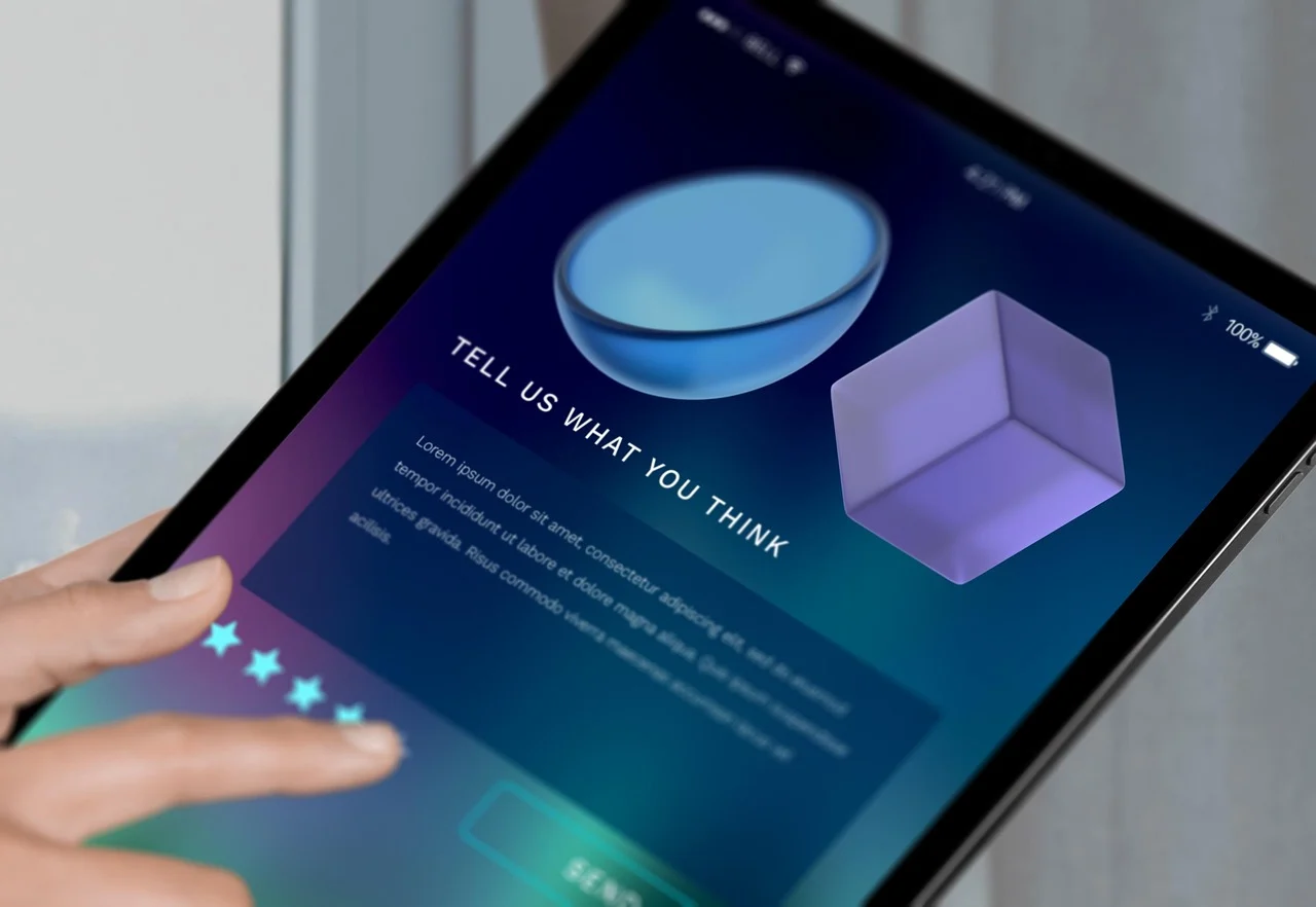 Customer satisfaction survey on a tablet screen with charts