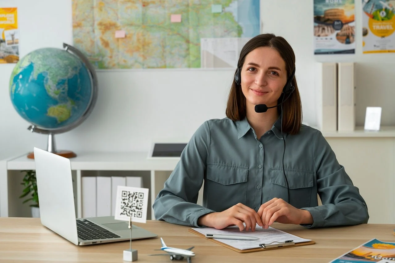 Customer service representative wearing headset and listening attentively